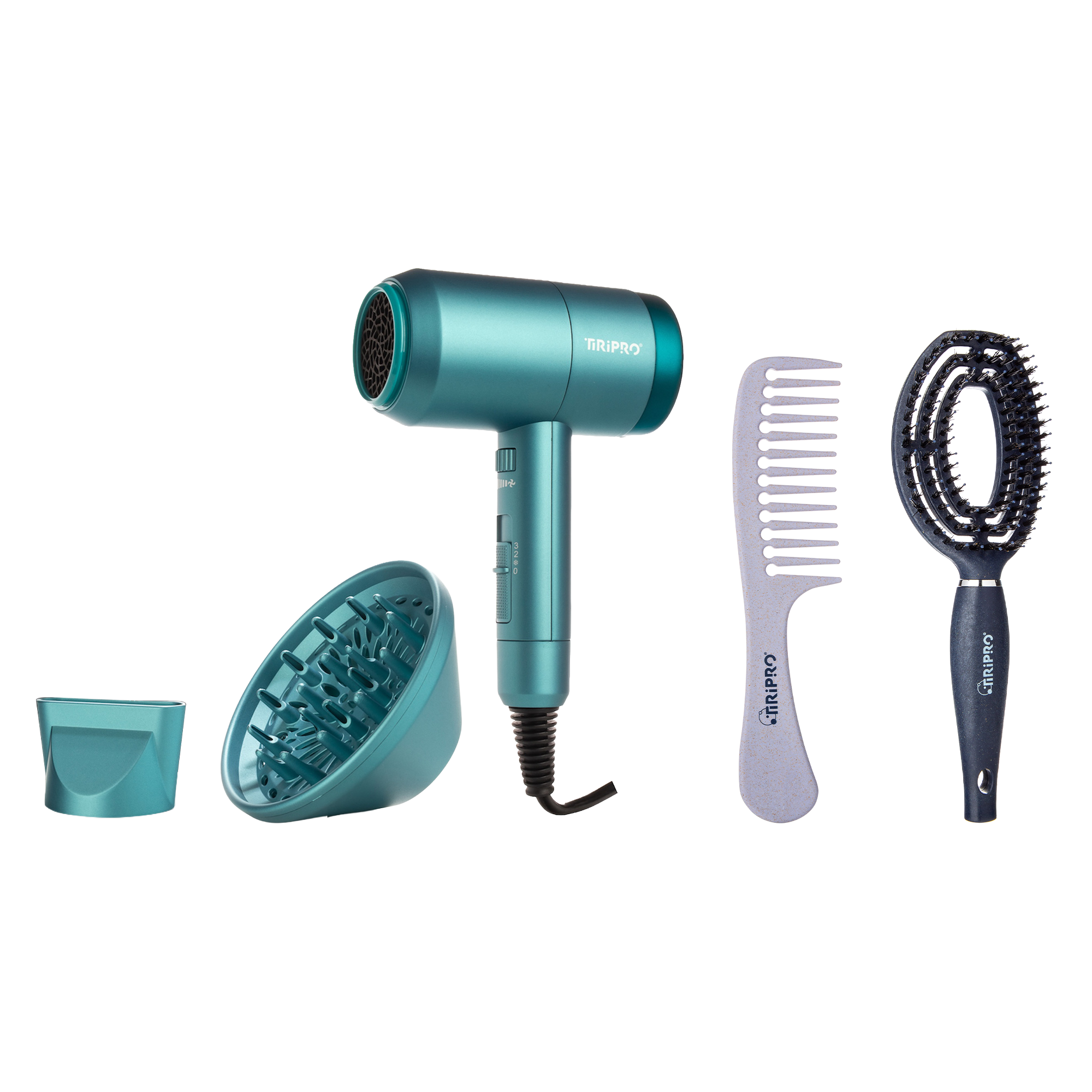 TIRI PRO "Eco Blowout" Styling Set | Prisma Pro Ionic Dryer, Eco Thermal Vented Brush & Rice-Hull Wide-Tooth Comb
