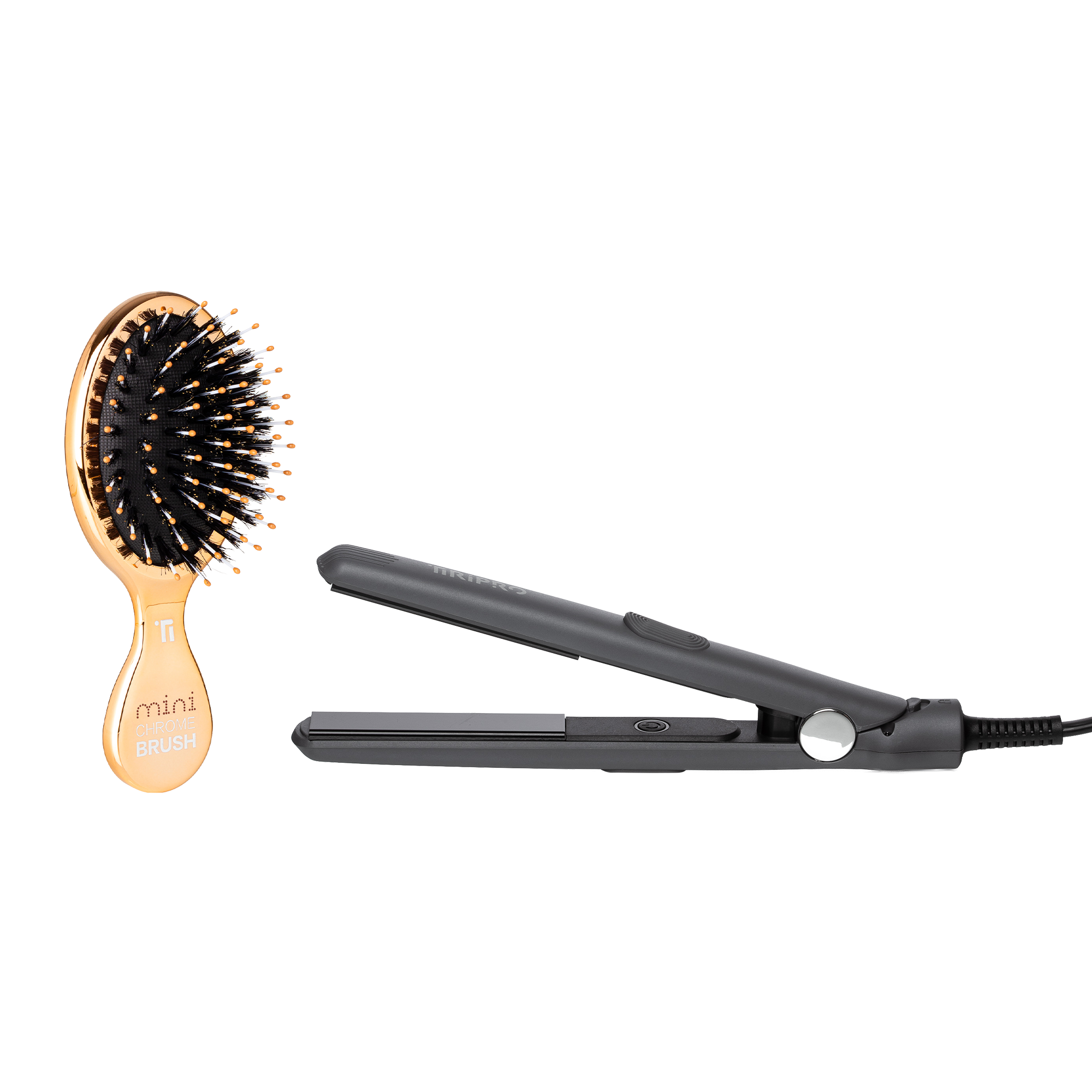 TIRI PRO "TO-GO" Flat Iron & Mini Chrome Brush Set | Compact Travel Flat Iron + Boar-Bristle Brush