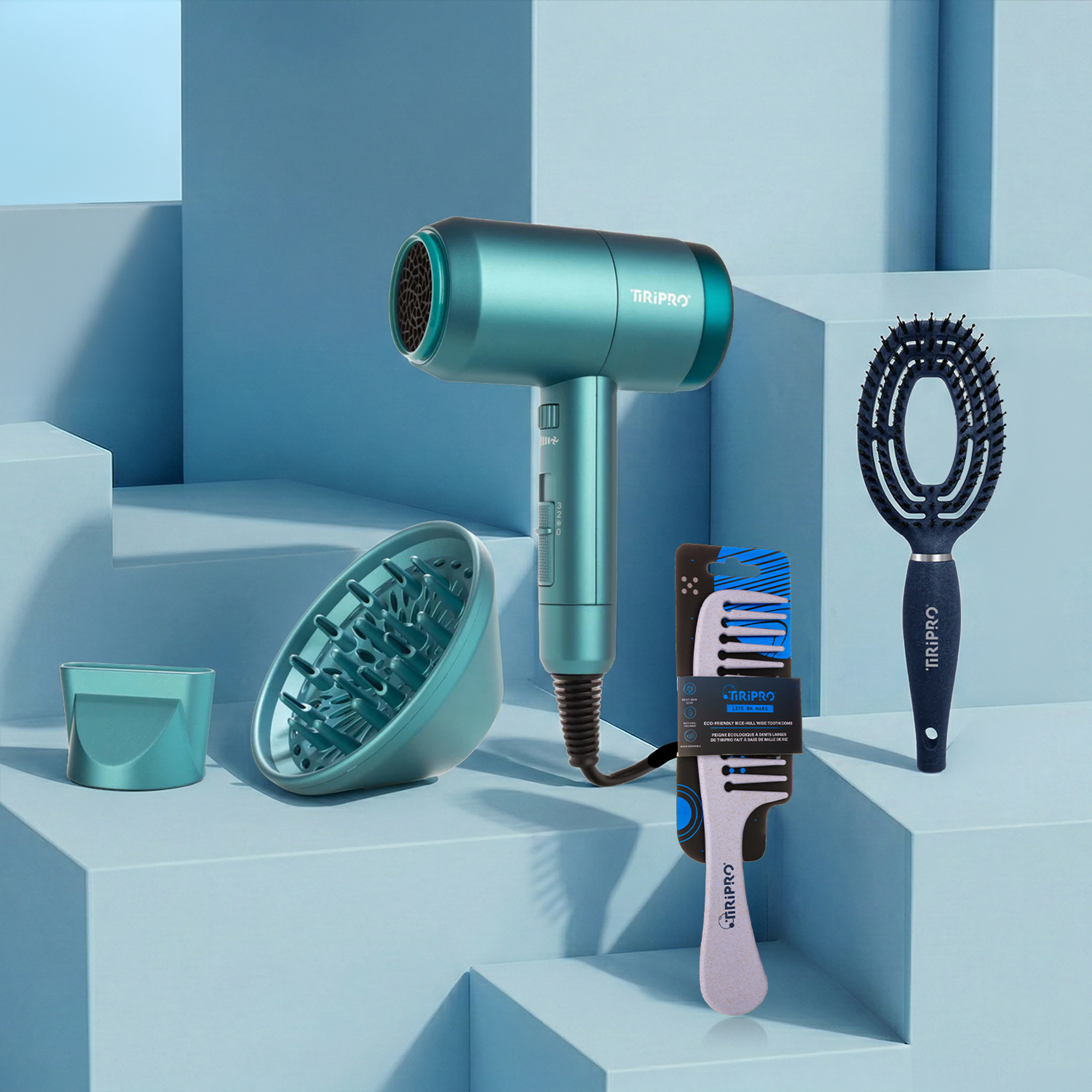 TIRI PRO "Eco Blowout" Styling Set | Prisma Pro Ionic Dryer, Eco Thermal Vented Brush & Rice-Hull Wide-Tooth Comb