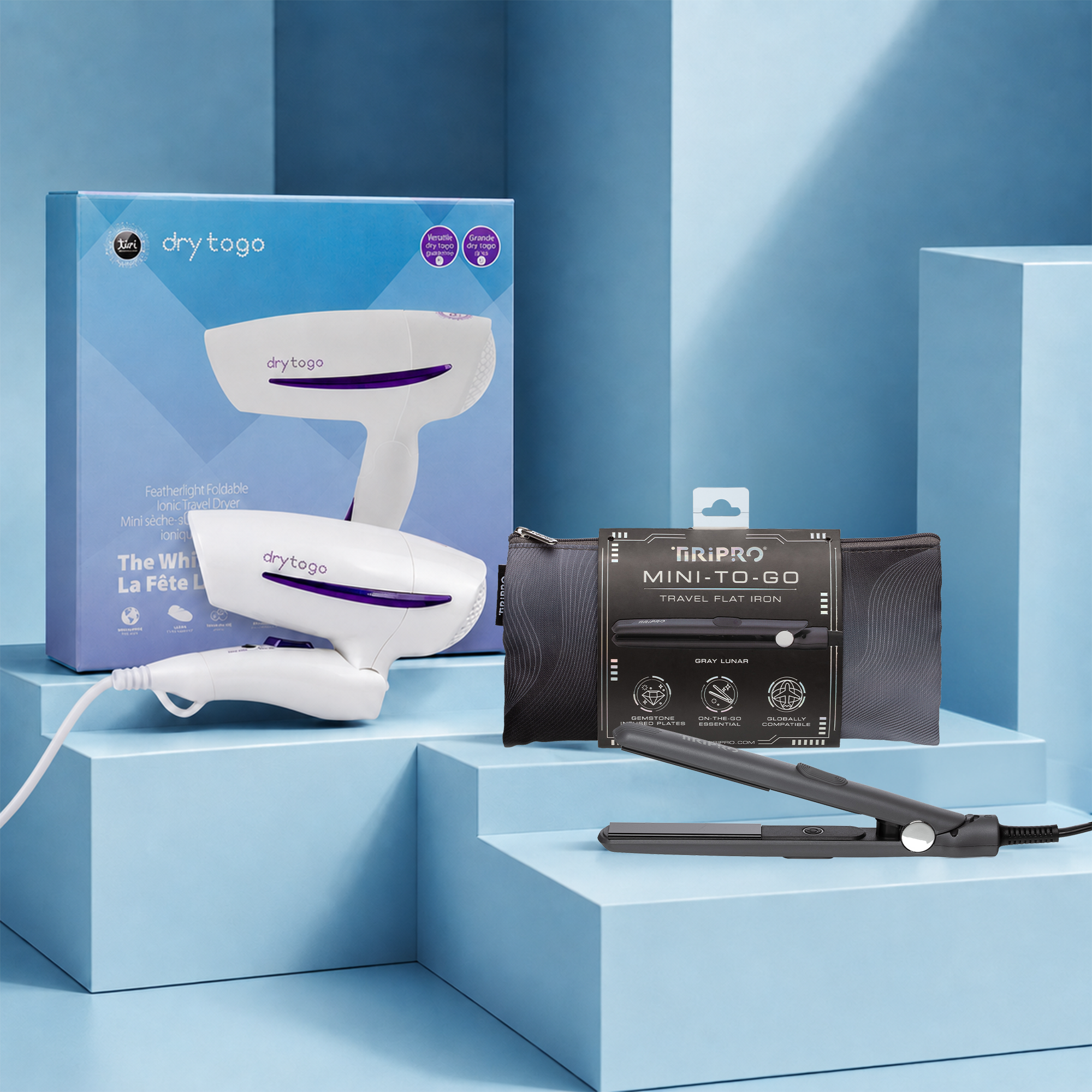 TIRI PRO "TO-GO" Travel Styling Duo | Foldable 1200W Travel Dryer + Compact Flat Iron