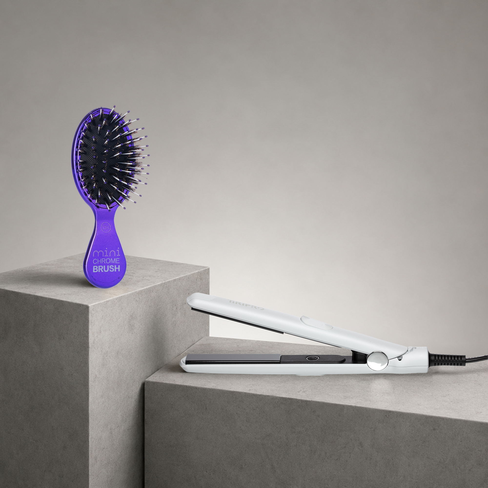 TIRI PRO "TO-GO" Flat Iron & Mini Chrome Brush Set | Compact Travel Flat Iron + Boar-Bristle Brush