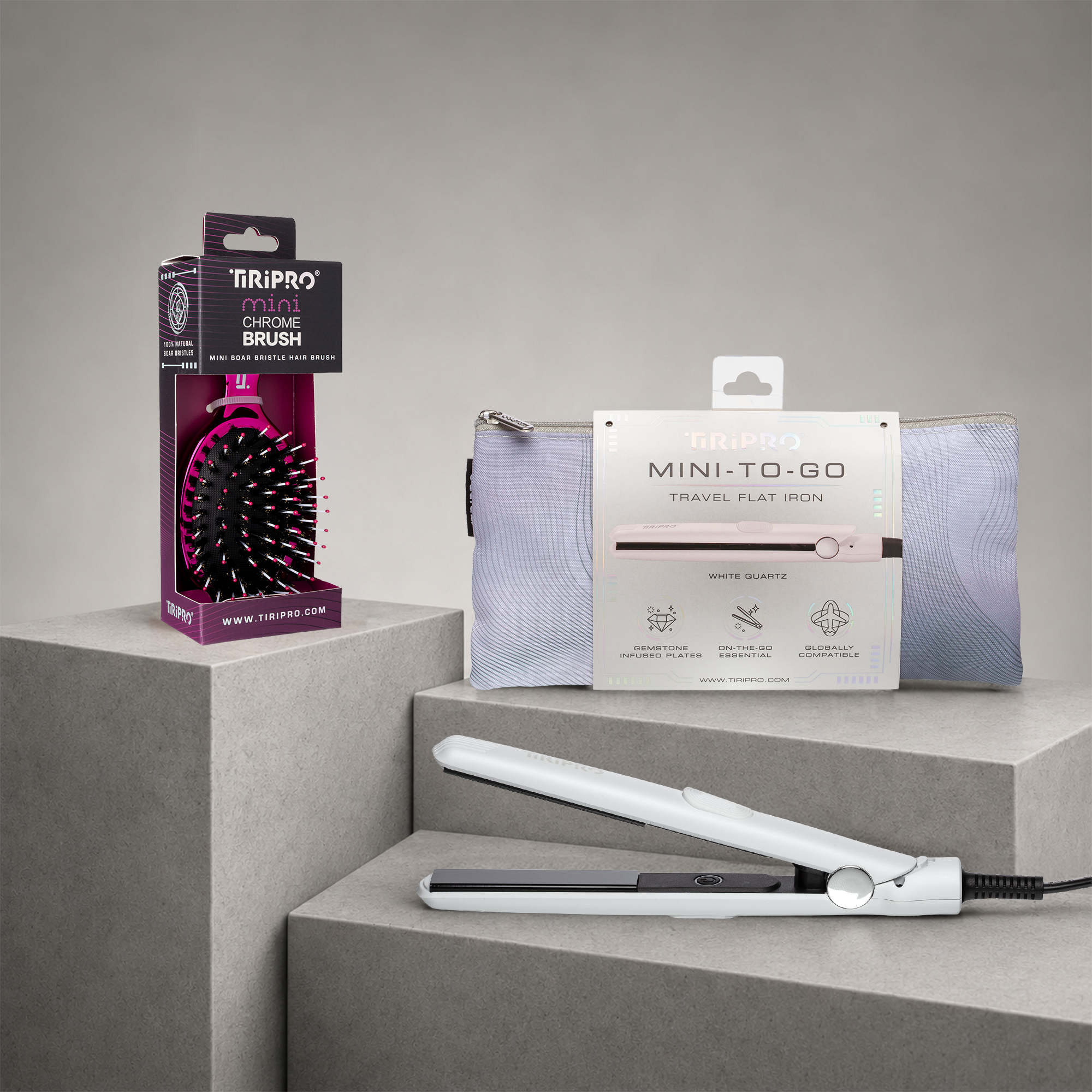 TIRI PRO "TO-GO" Flat Iron & Mini Chrome Brush Set | Compact Travel Flat Iron + Boar-Bristle Brush