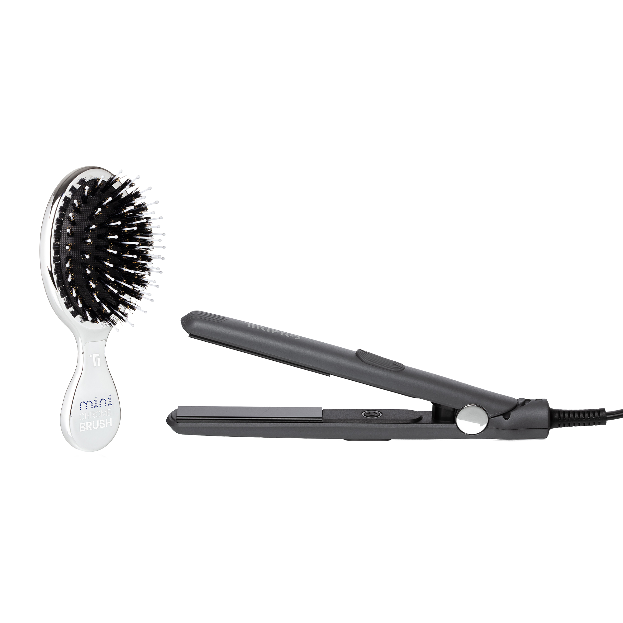TIRI PRO "TO-GO" Flat Iron & Mini Chrome Brush Set | Compact Travel Flat Iron + Boar-Bristle Brush