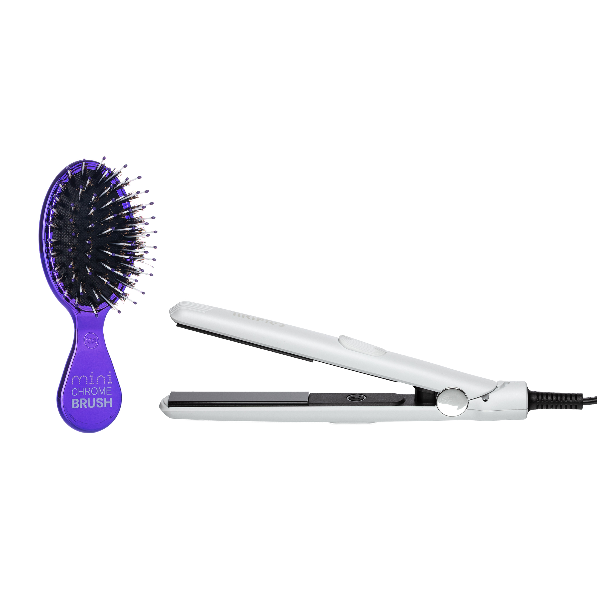 TIRI PRO "TO-GO" Flat Iron & Mini Chrome Brush Set | Compact Travel Flat Iron + Boar-Bristle Brush