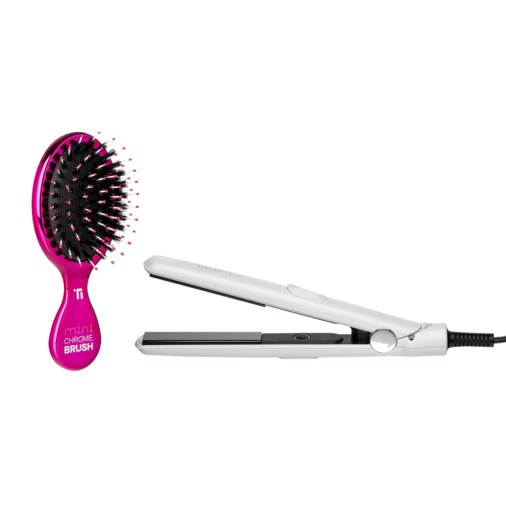 TIRI PRO "TO-GO" Flat Iron & Mini Chrome Brush Set | Compact Travel Flat Iron + Boar-Bristle Brush