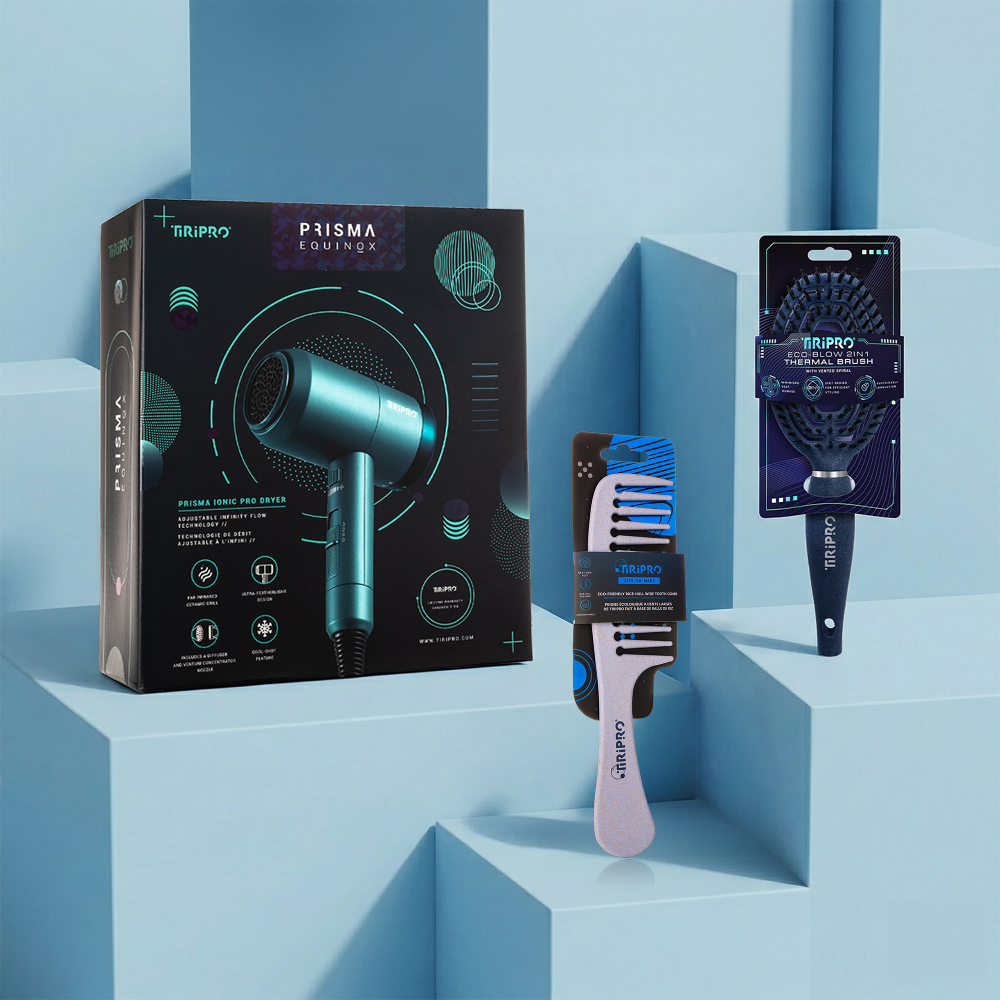 TIRI PRO "Eco Blowout" Styling Set | Prisma Pro Ionic Dryer, Eco Thermal Vented Brush & Rice-Hull Wide-Tooth Comb