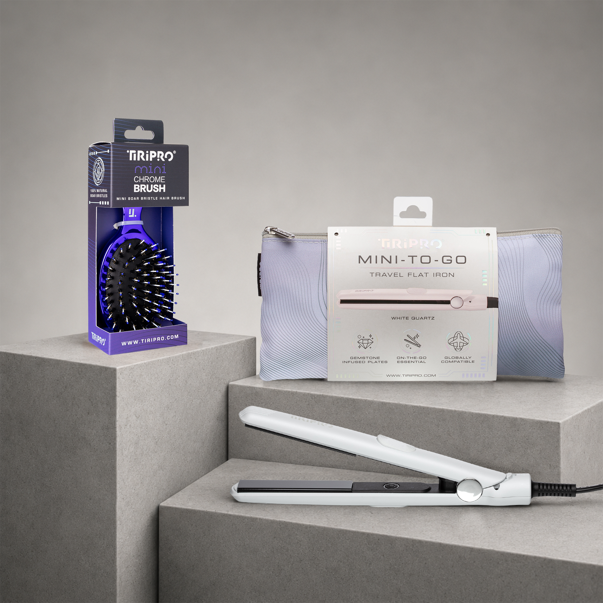 TIRI PRO "TO-GO" Flat Iron & Mini Chrome Brush Set | Compact Travel Flat Iron + Boar-Bristle Brush